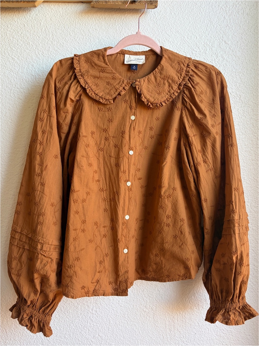 Universal Thread Peter Pan Collar Brown Embroidered Blouse Medium